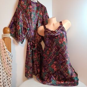 VTG Inner Most Silky Satin Floral Babydoll Chemise & Robe Set Size M